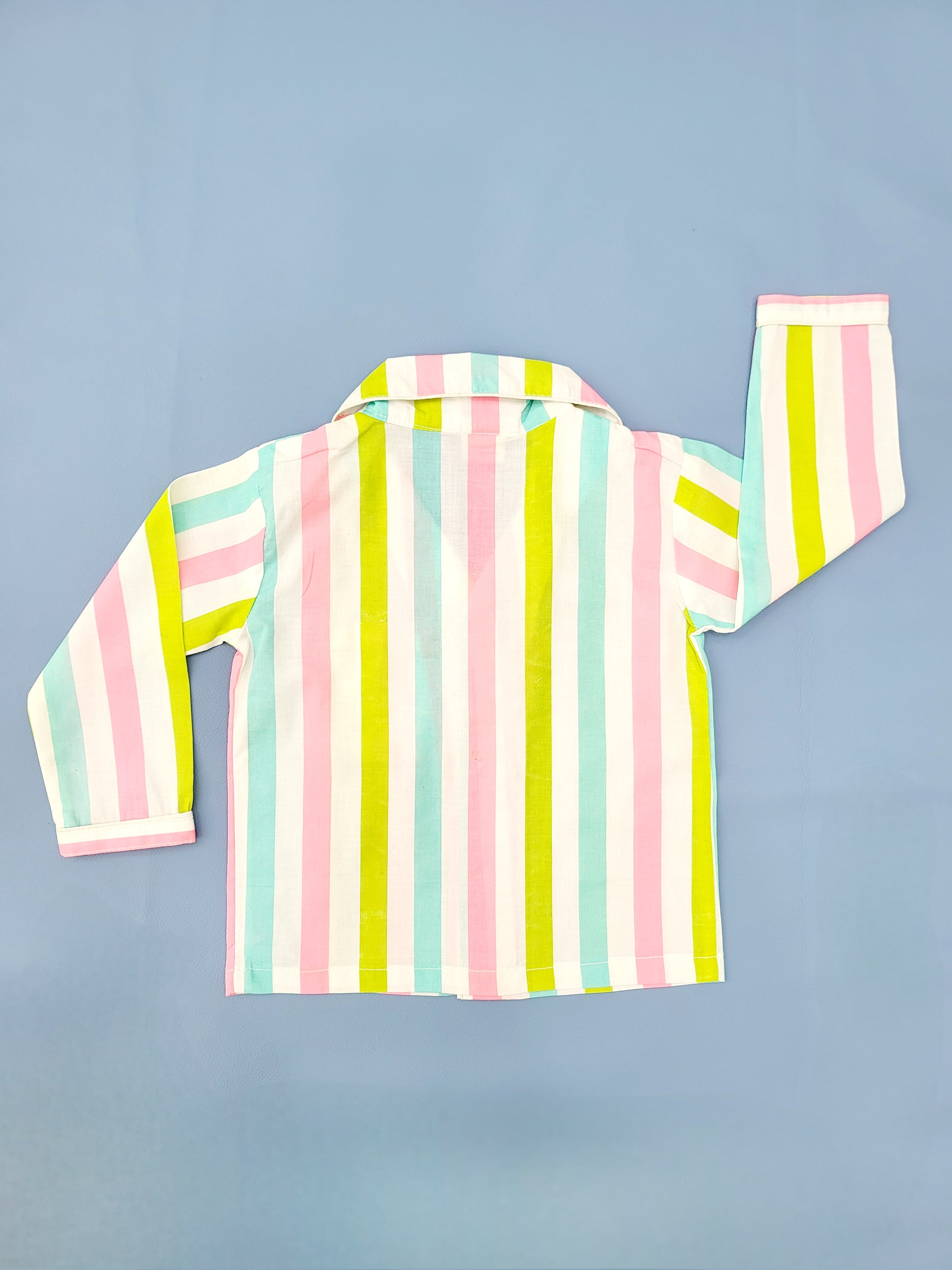 Comfortable and cozy white nightsuit with colorful stripe print, made from soft cotton material, perfect for kids from 1 to 14 years old who love to sleep in style