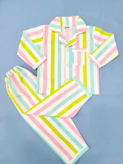 Vibrant and colorful white base nightsuit with stripe print, perfect for boys and girls aged 1-14 years who love bright and cheerful designs