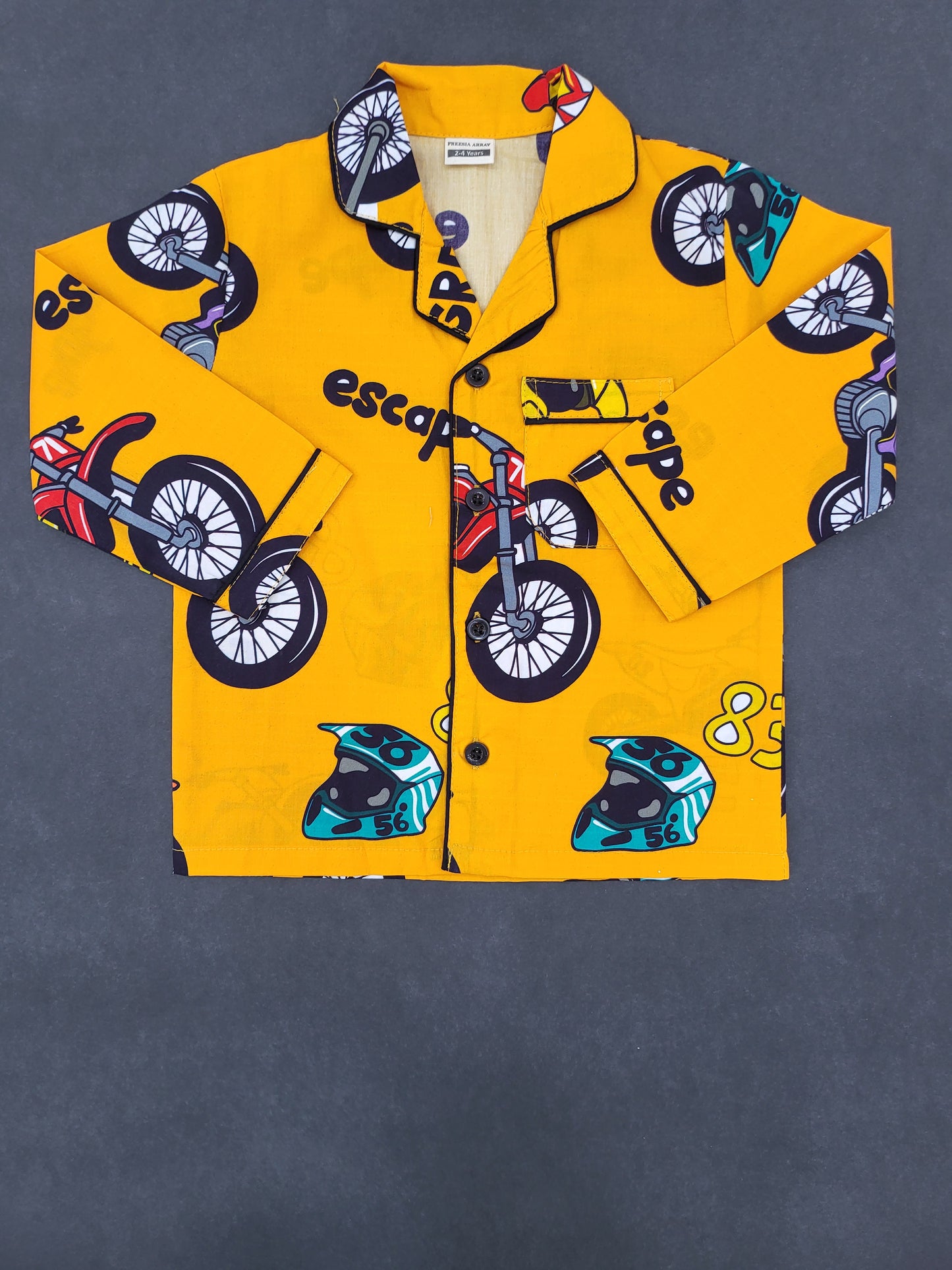 Fun and vibrant yellow full sleeve nightsuit with black bicycle design for kids who love to ride