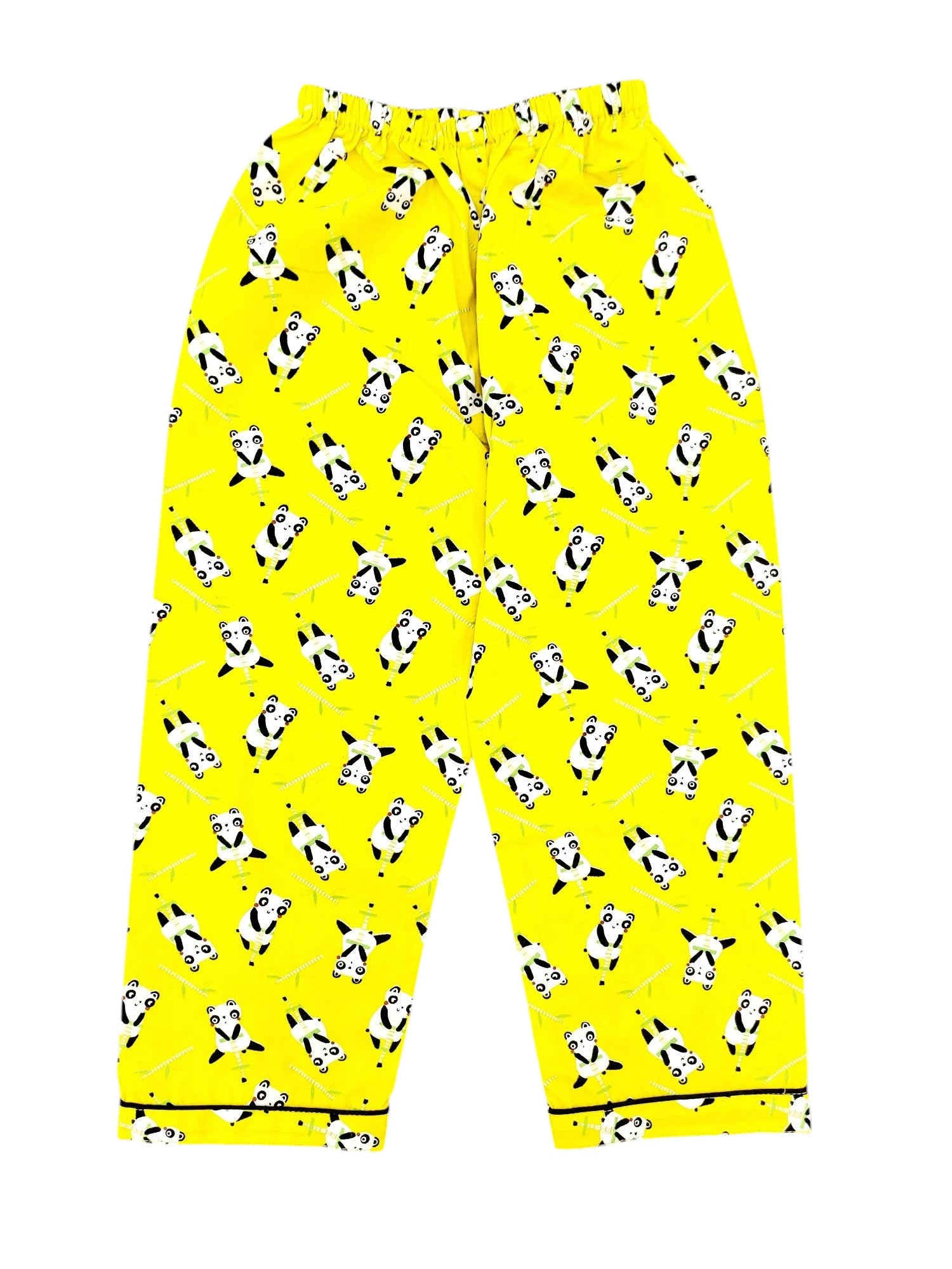 Yellow full sleeve nightsuit with cute panda print, a unique and adorable sleepwear option for kids, available in sizes from 0 months to 14 years, made from comfortable cotton