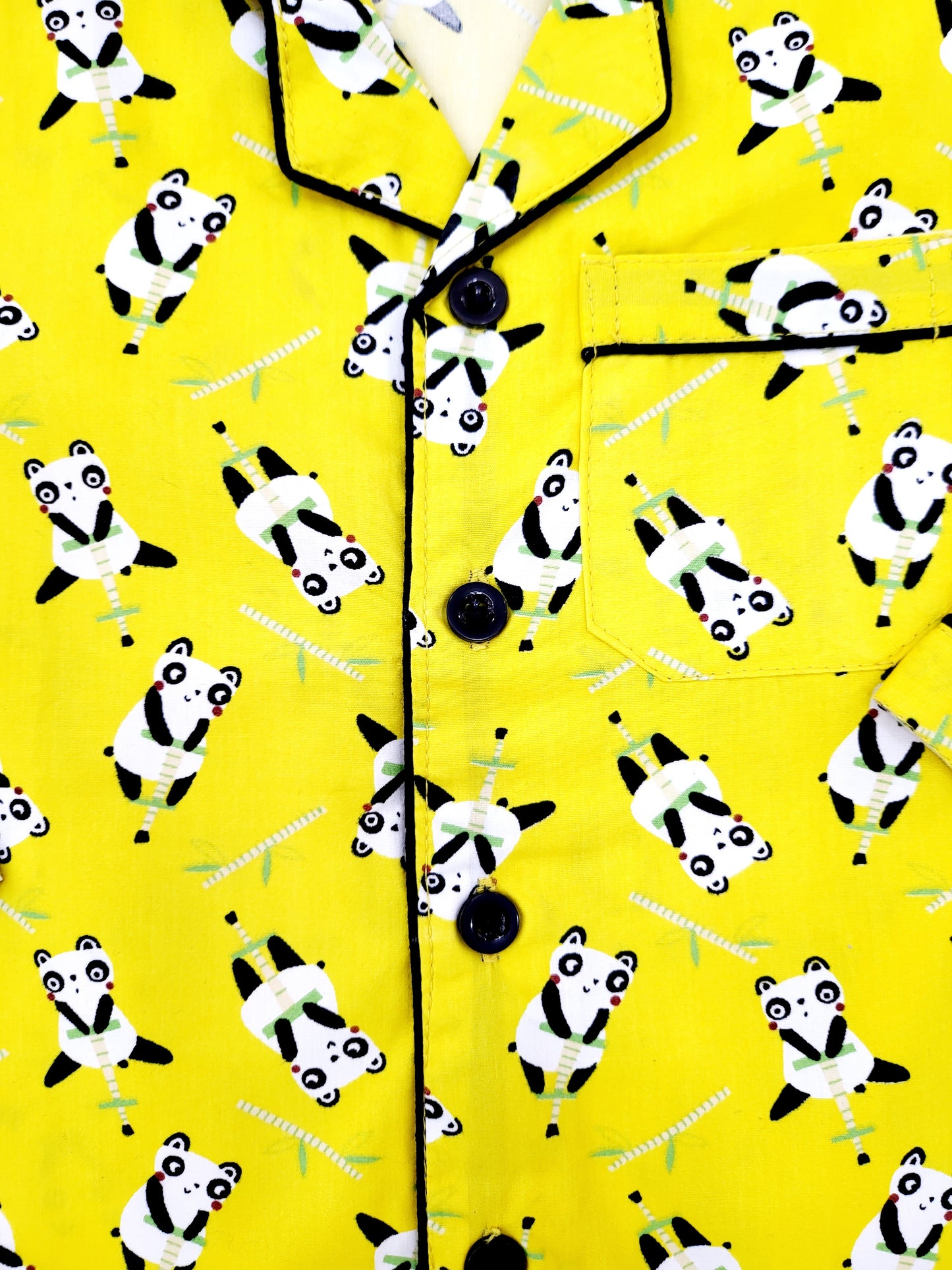 Cute panda print nightsuit in yellow, featuring a fun and adorable design, ideal for kids' sleepwear, available in sizes from 0 months to 14 years