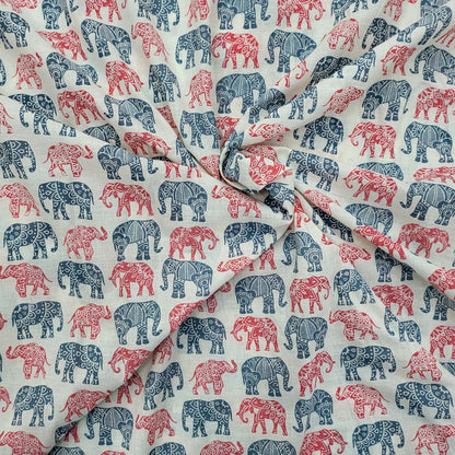 Red and Blue Elephant Print Cotton Fabric