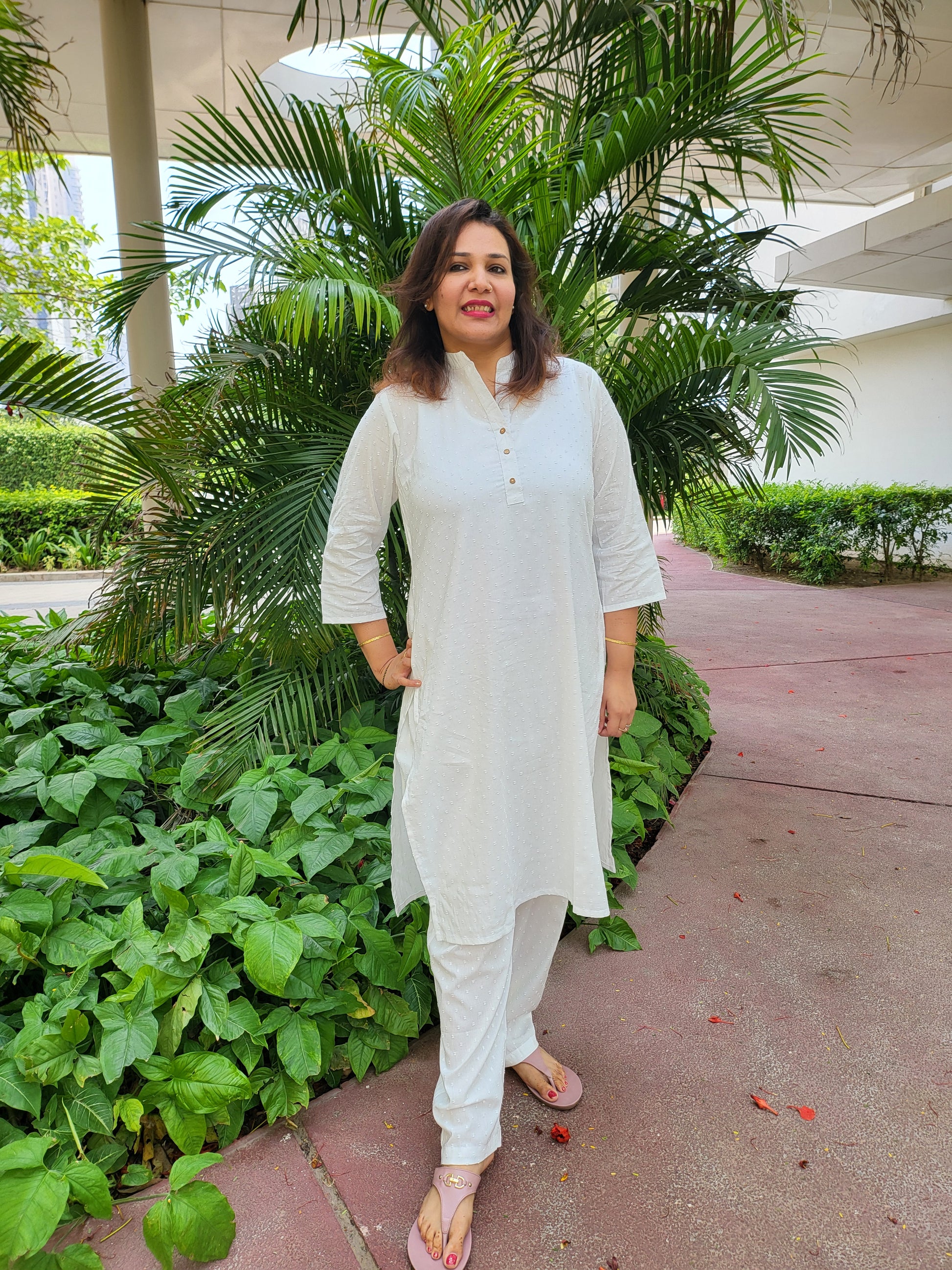 shop online  timeless beauty with our White Cotton Chikankari Style Kurta Pant Set