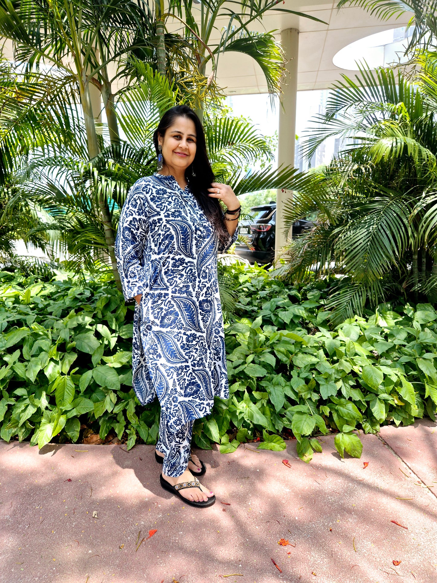 shop a navy blue and white cotton block print kurta and matching pants