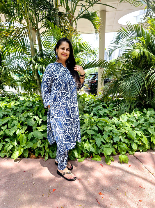 shop a navy blue and white cotton block print kurta and matching pants