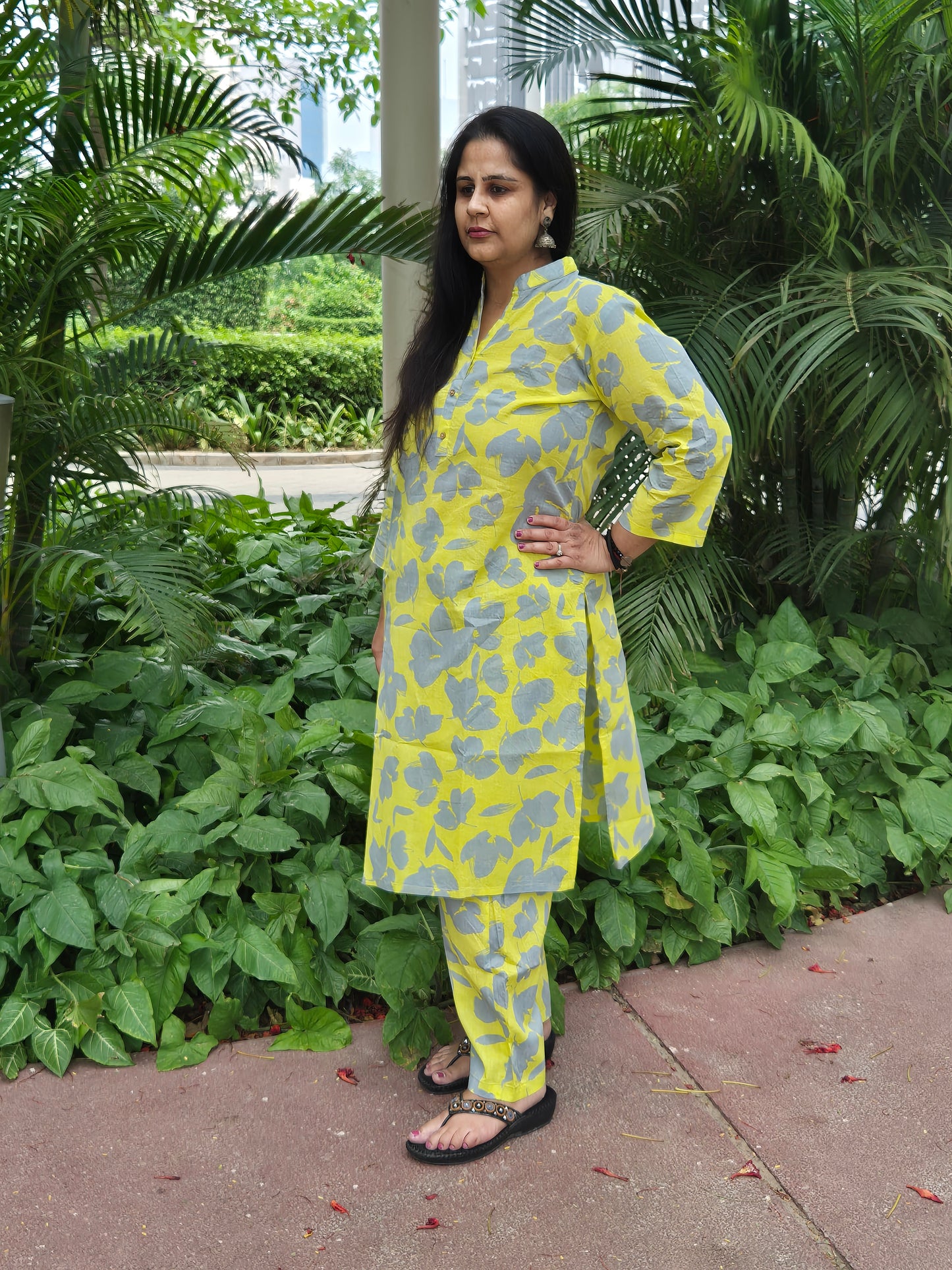 buy online pure cotton stylish yellow and grey floral print cotton kurta and palazzo set