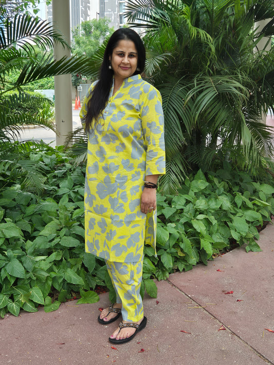 order online bright yellow and grey floral printed kurta set
