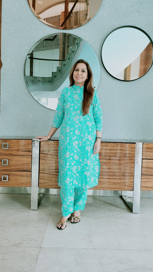 Pastel blue cotton kurta co-ord set styled with bandhej-inspired print
