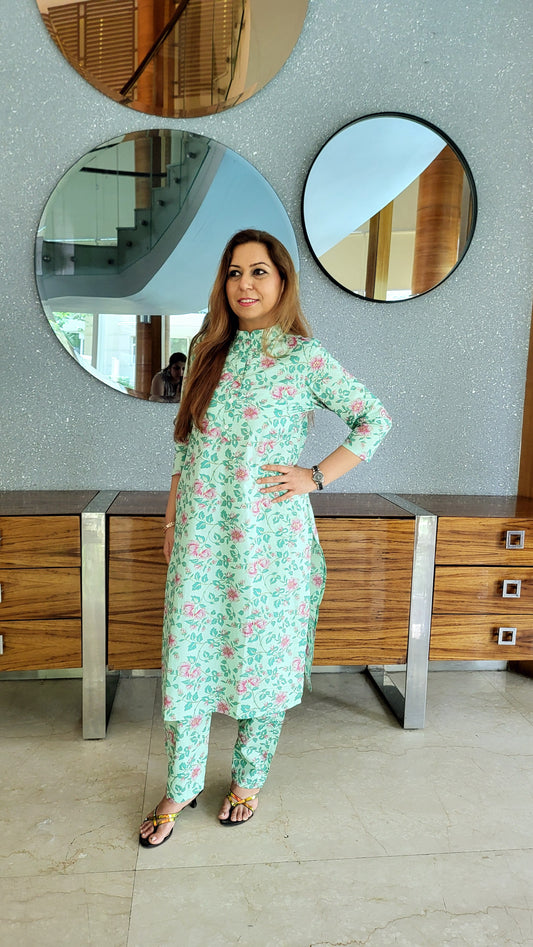Mint green floral cotton kurta set for women in pure cotton