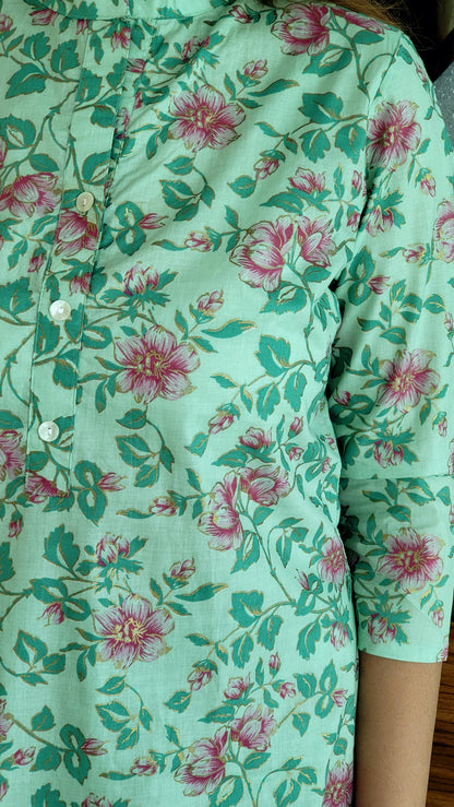 Mint Floral Cotton Kurta with Pants