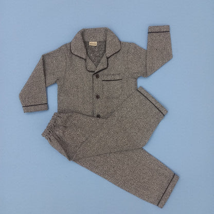 Grey Textured Kids Flannel Winter Unisex Nightsuit Set