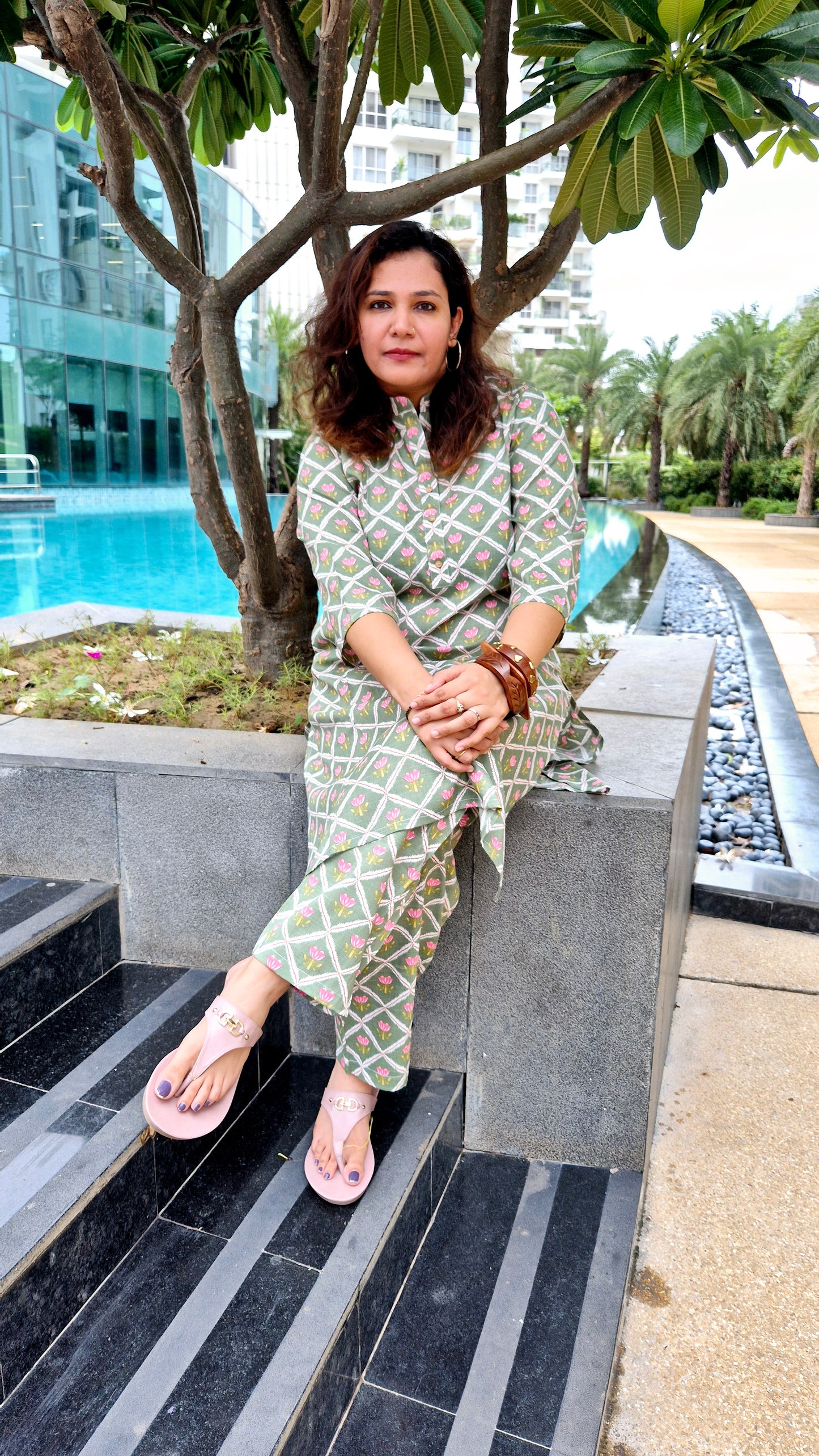Light Green Floral Motifs Cotton Kurta with Pants