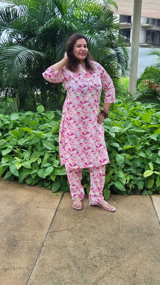 Pink printed Cotton Kurta with Pants