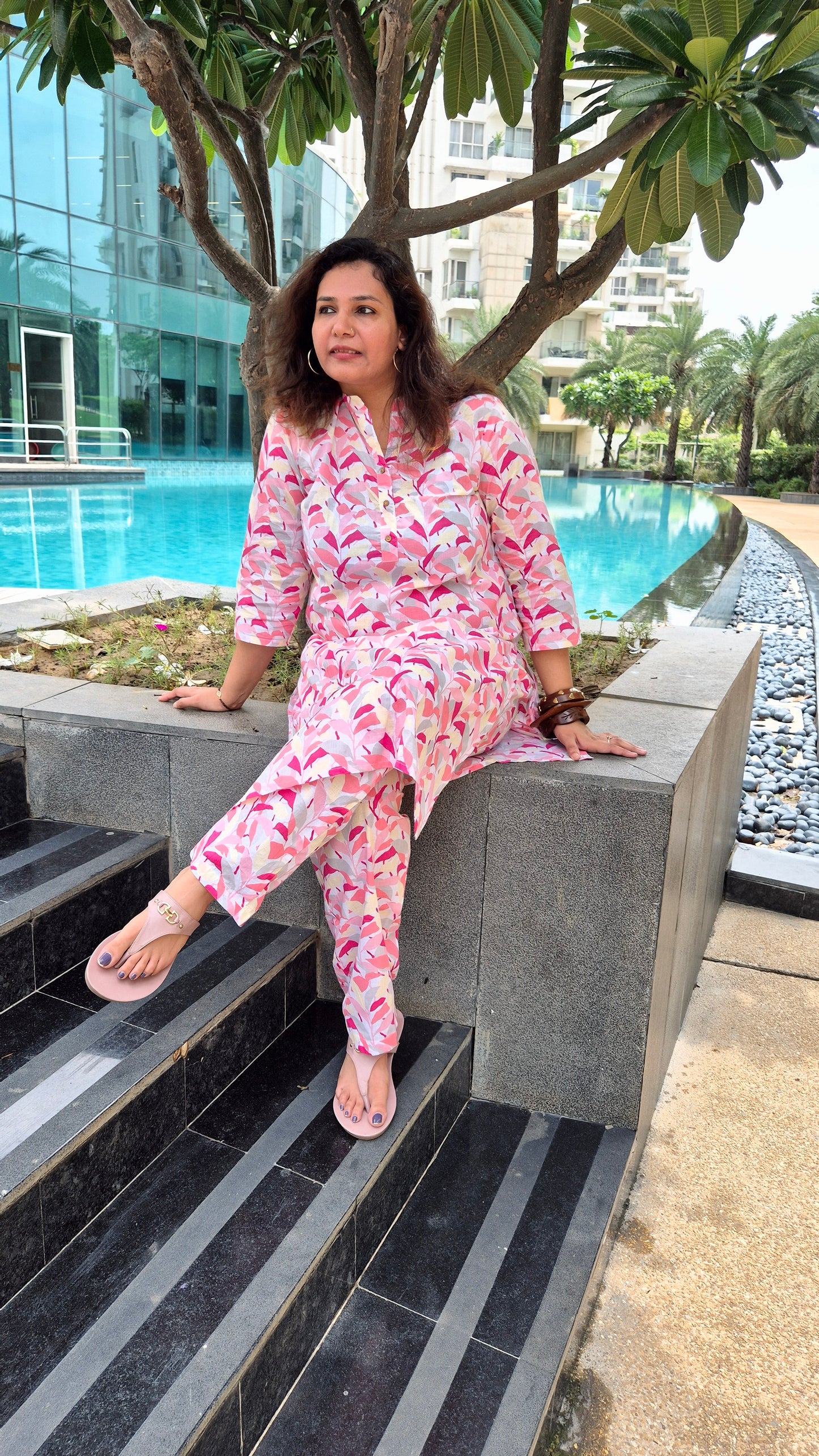 Pink printed Cotton Kurta with Pants