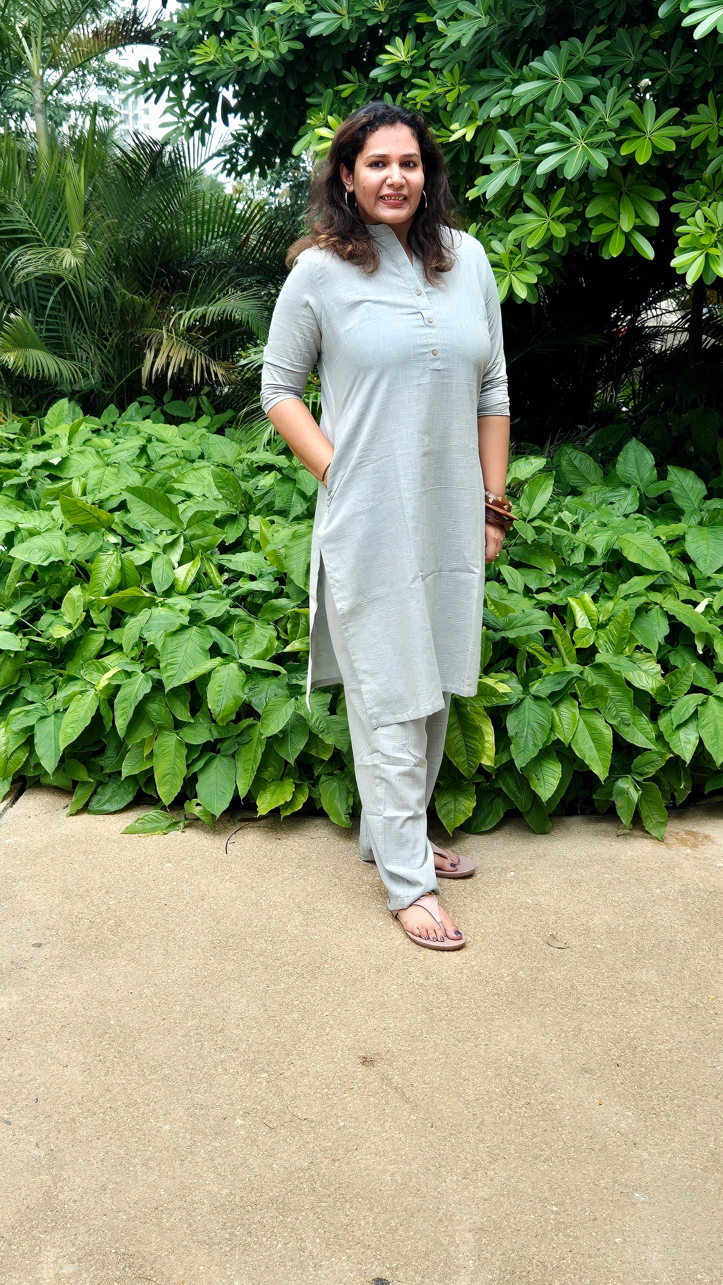 Solid light Grey Cotton Kurta with Pants