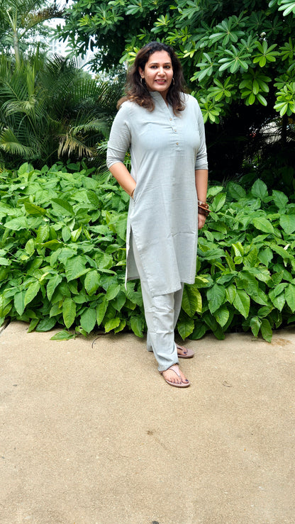 Solid light Grey Cotton Kurta with Pants