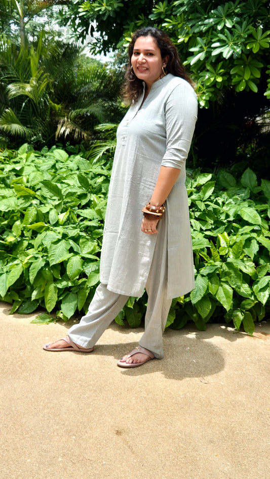 Solid light Grey Cotton Kurta with Pants