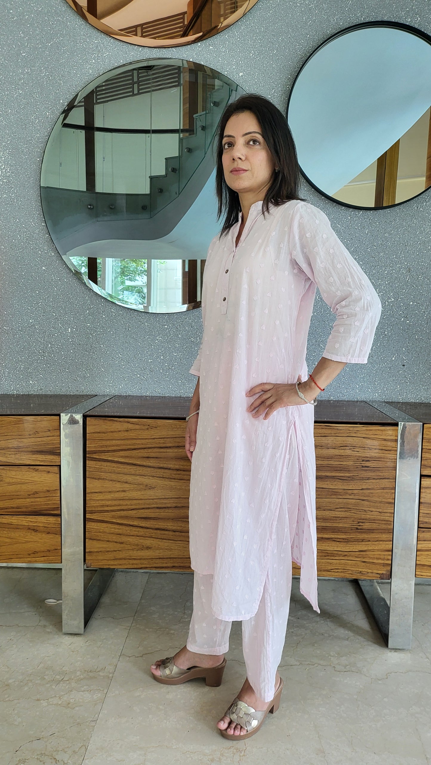 Soft Pink heart pattern Cotton Kurta with Pants
