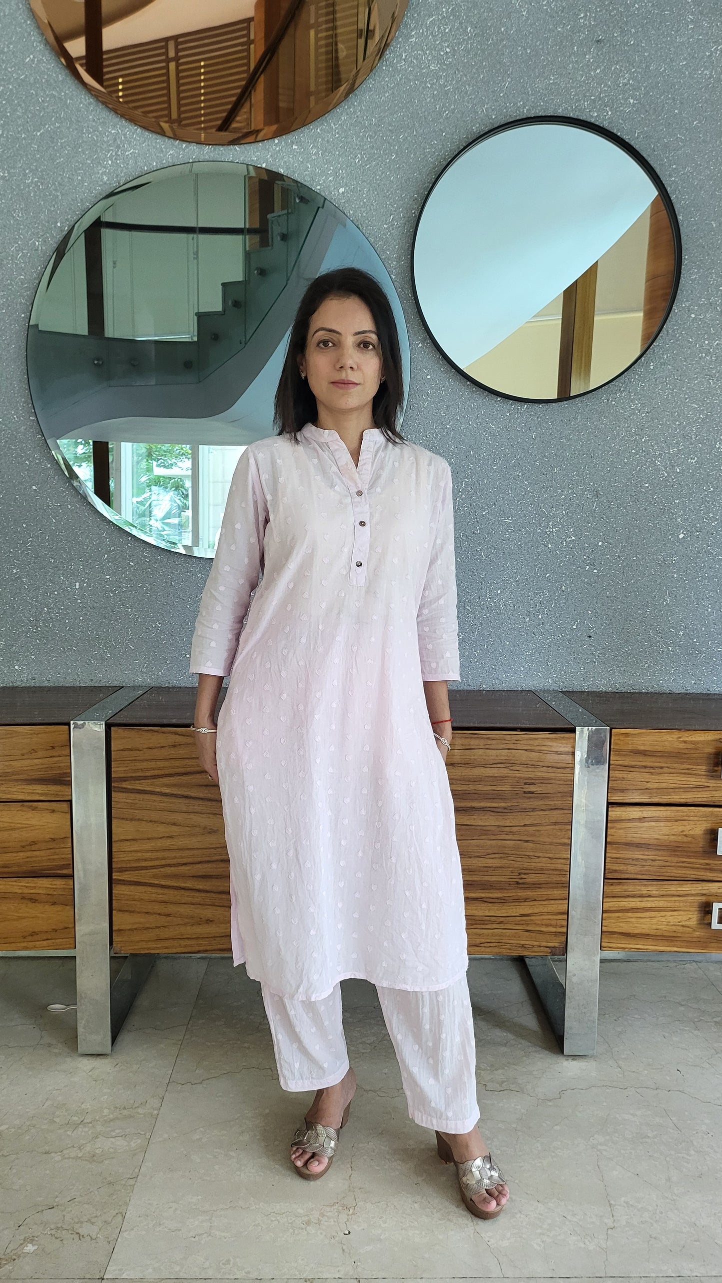 Soft Pink heart pattern Cotton Kurta with Pants