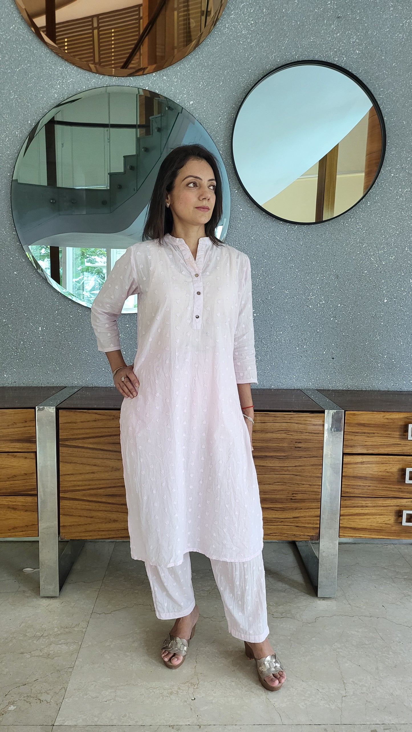 Soft Pink heart pattern Cotton Kurta with Pants