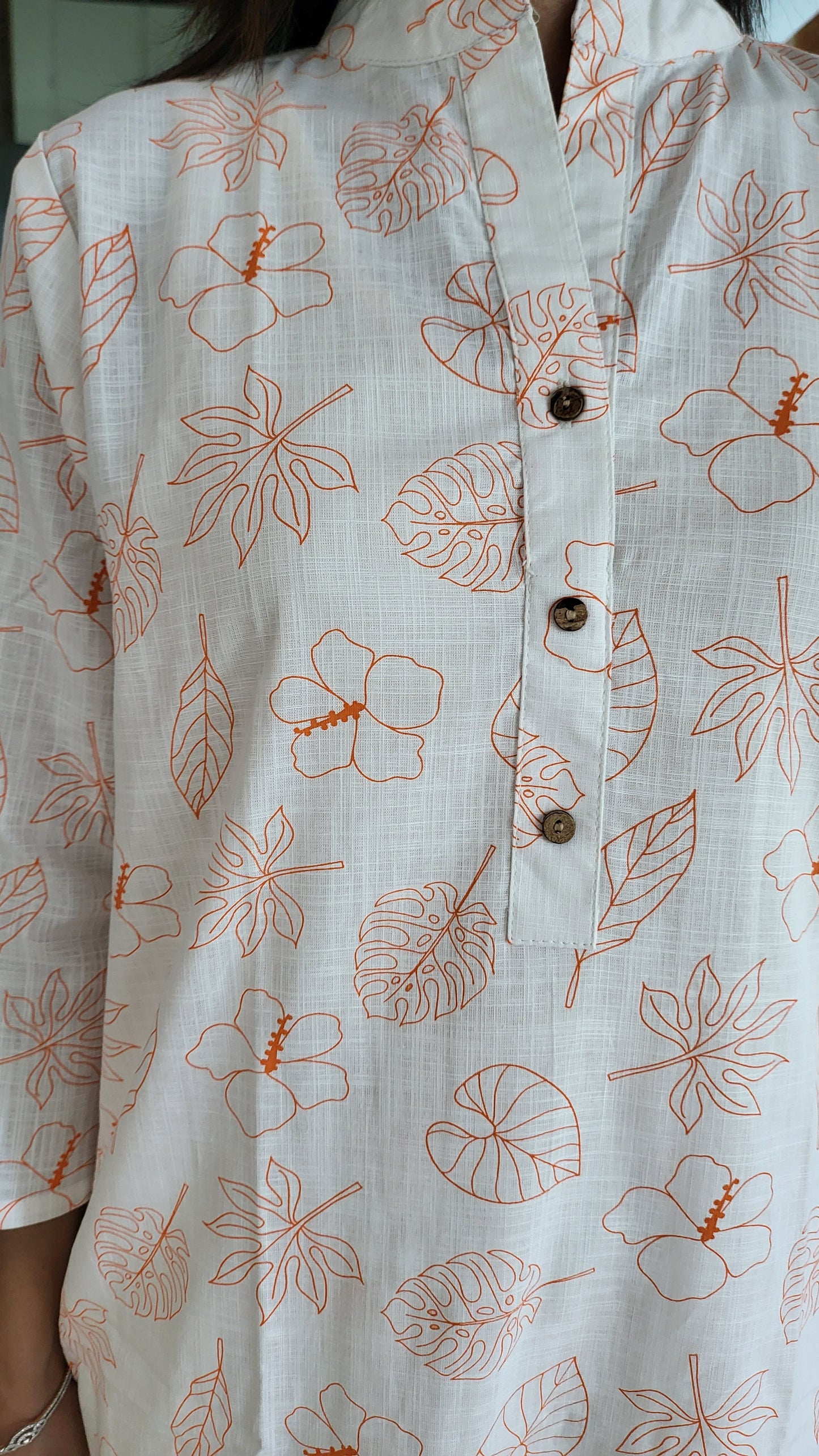Orange and white Leaf print Cotton Kurta with Pants