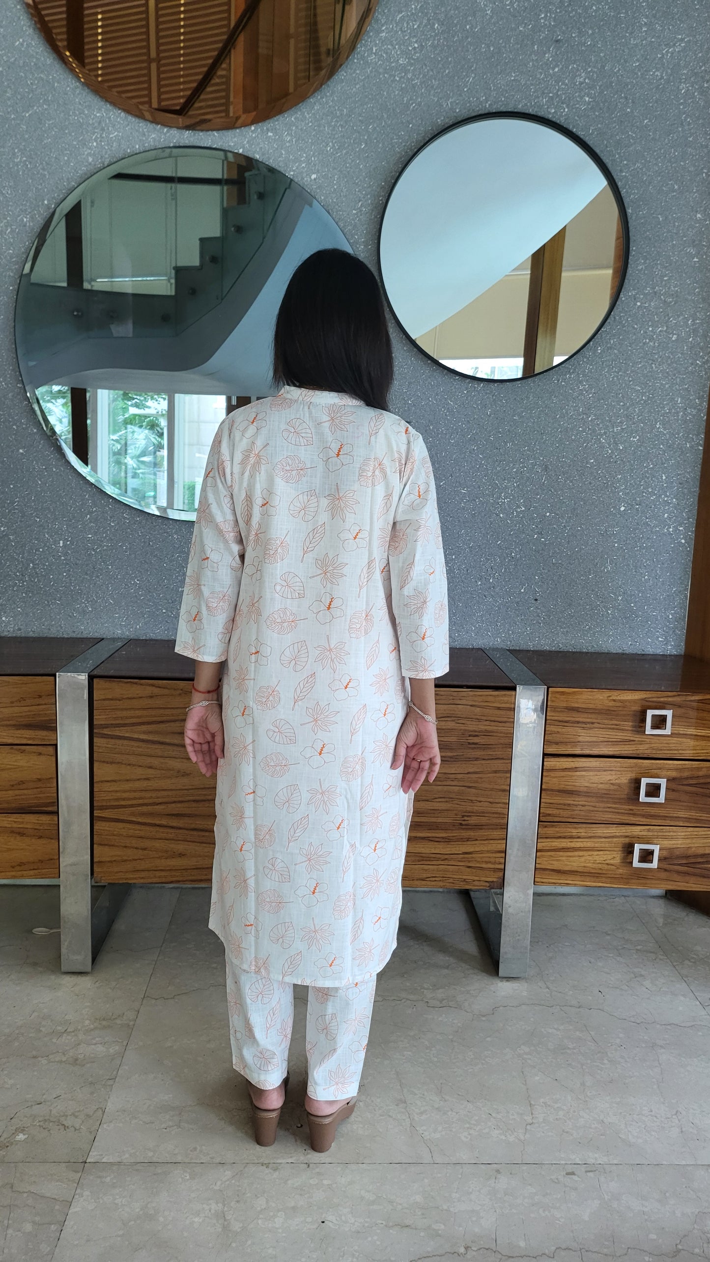 Orange and white Leaf print Cotton Kurta with Pants