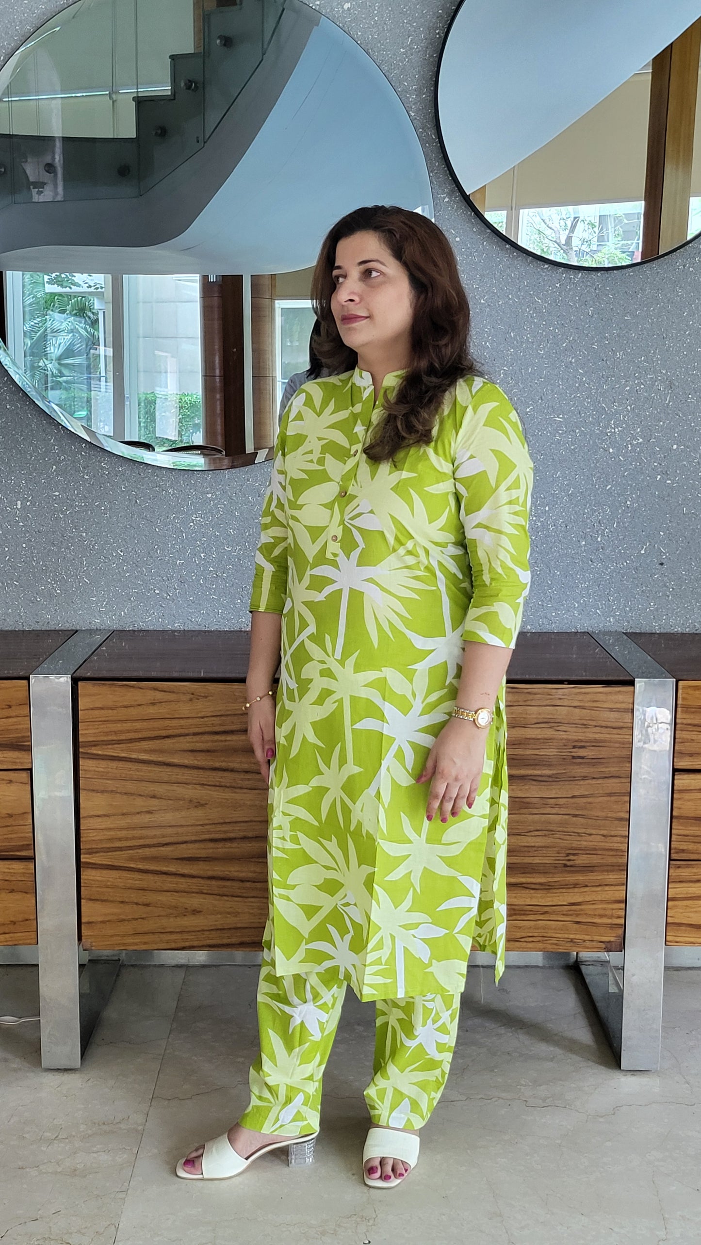 Pastel Green Palm Print Cotton Kurta with Pants
