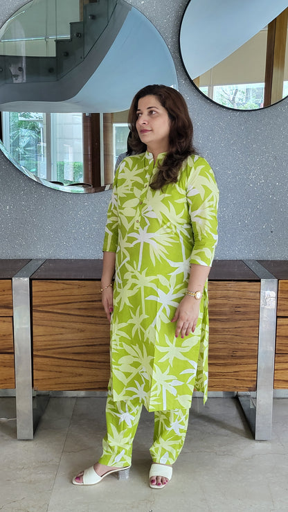 Pastel Green Palm Print Cotton Kurta with Pants