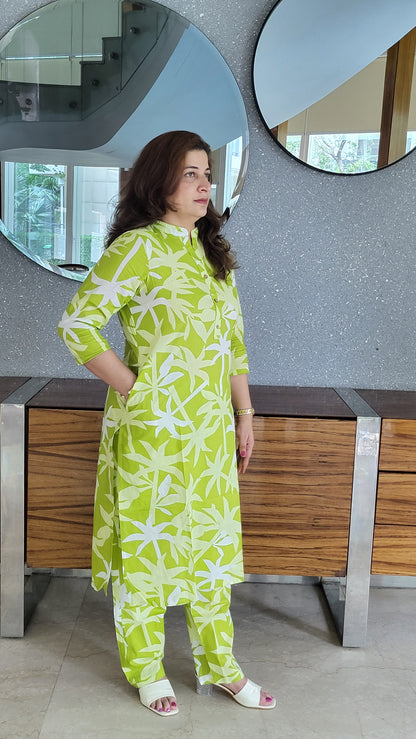 Pastel Green Palm Print Cotton Kurta with Pants