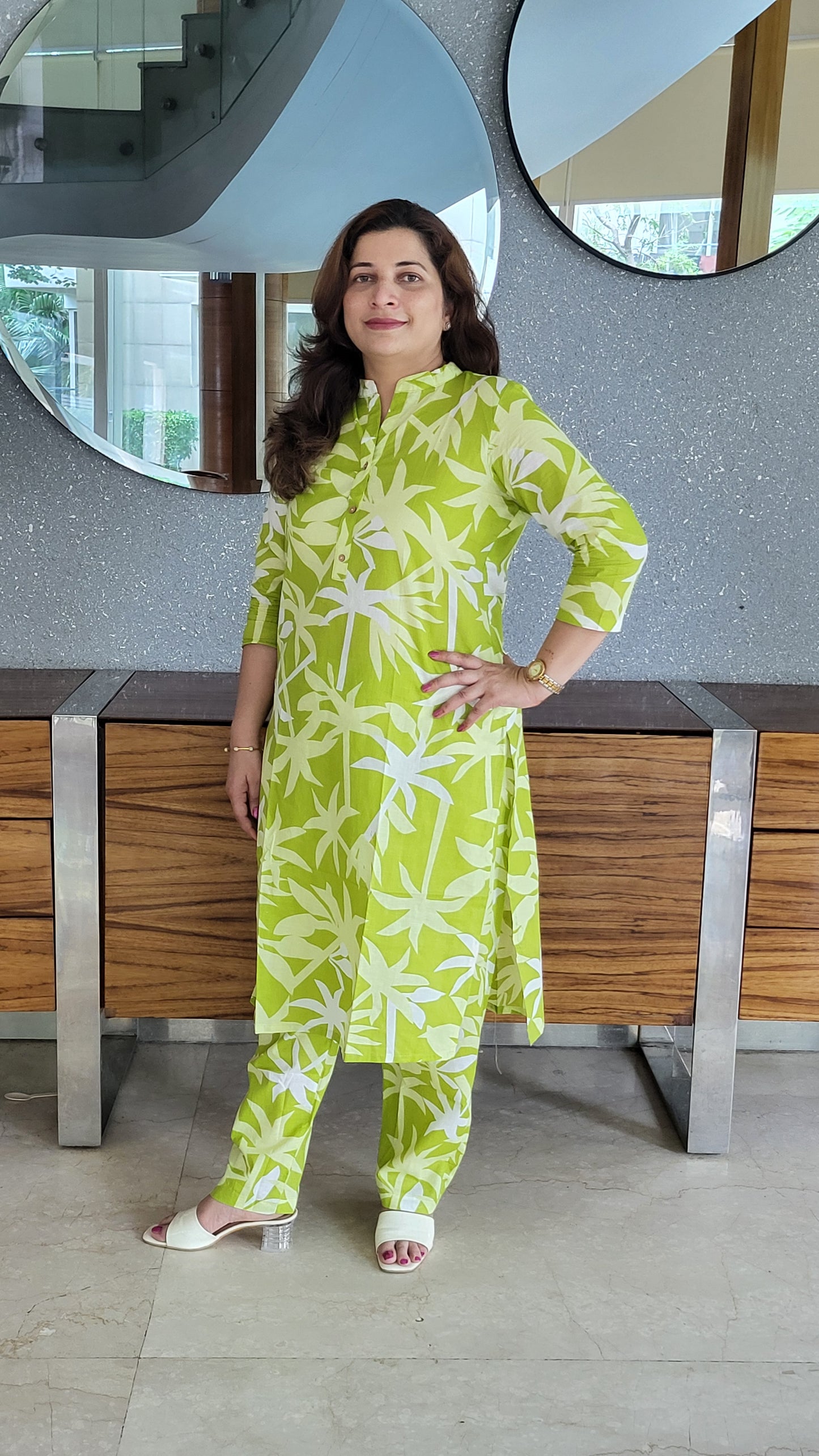 Pastel Green Palm Print Cotton Kurta with Pants