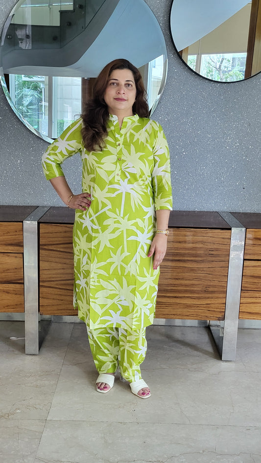 Pastel Green Palm Print Cotton Kurta with Pants