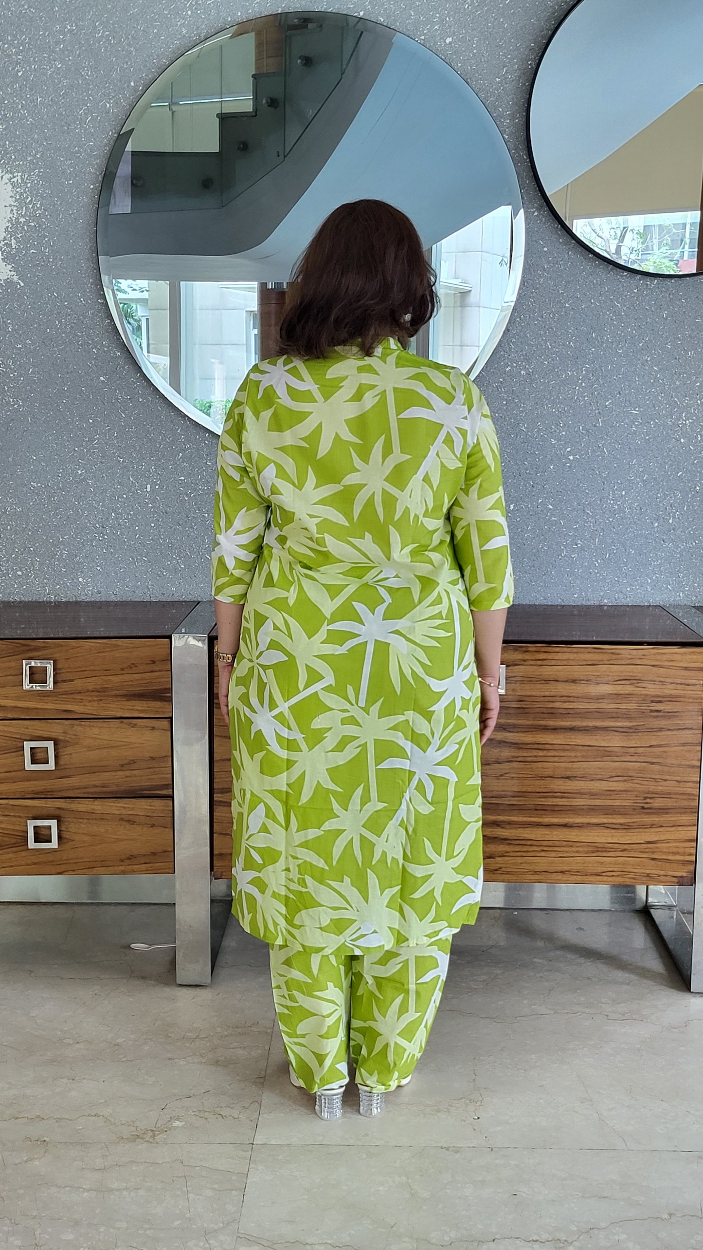 Pastel Green Palm Print Cotton Kurta with Pants