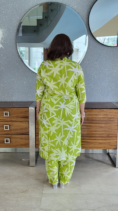 Pastel Green Palm Print Cotton Kurta with Pants