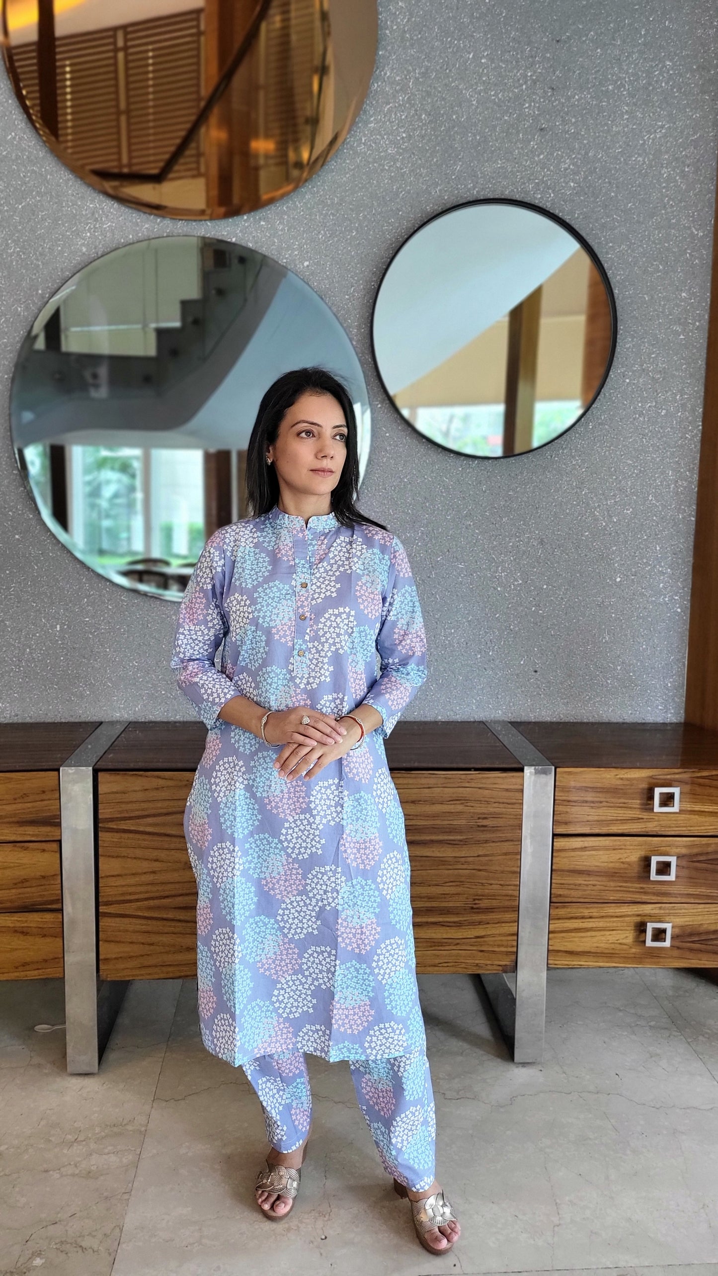 Lavender floral print Cotton Kurta with Pants