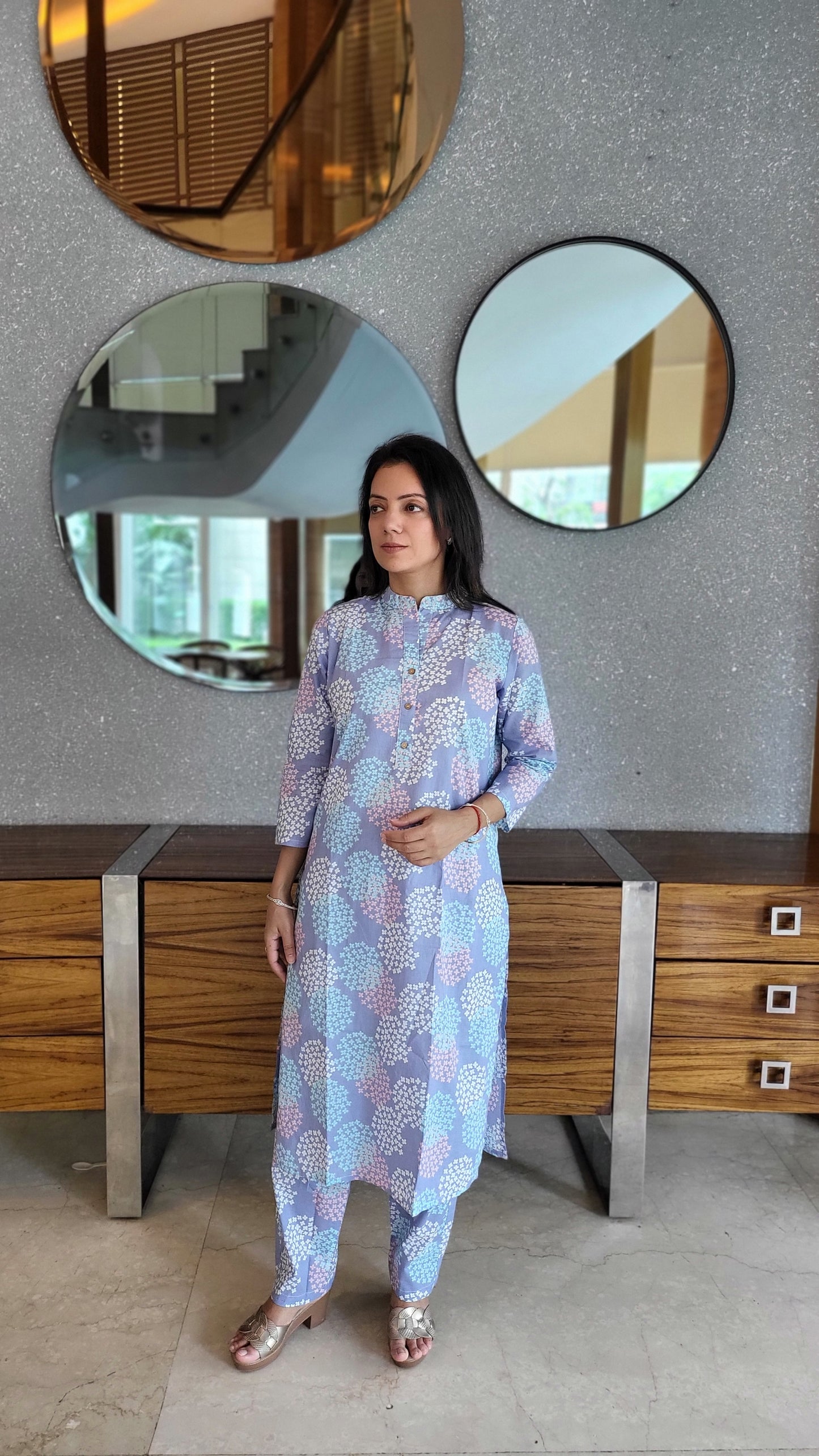 Lavender floral print Cotton Kurta with Pants