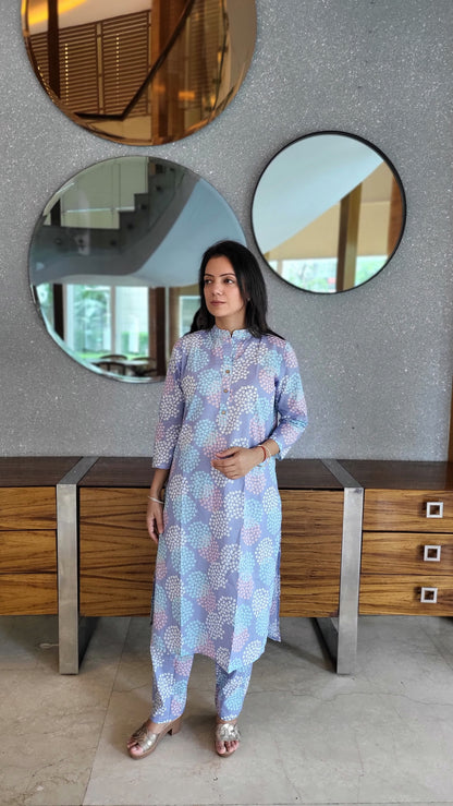 Lavender floral print Cotton Kurta with Pants