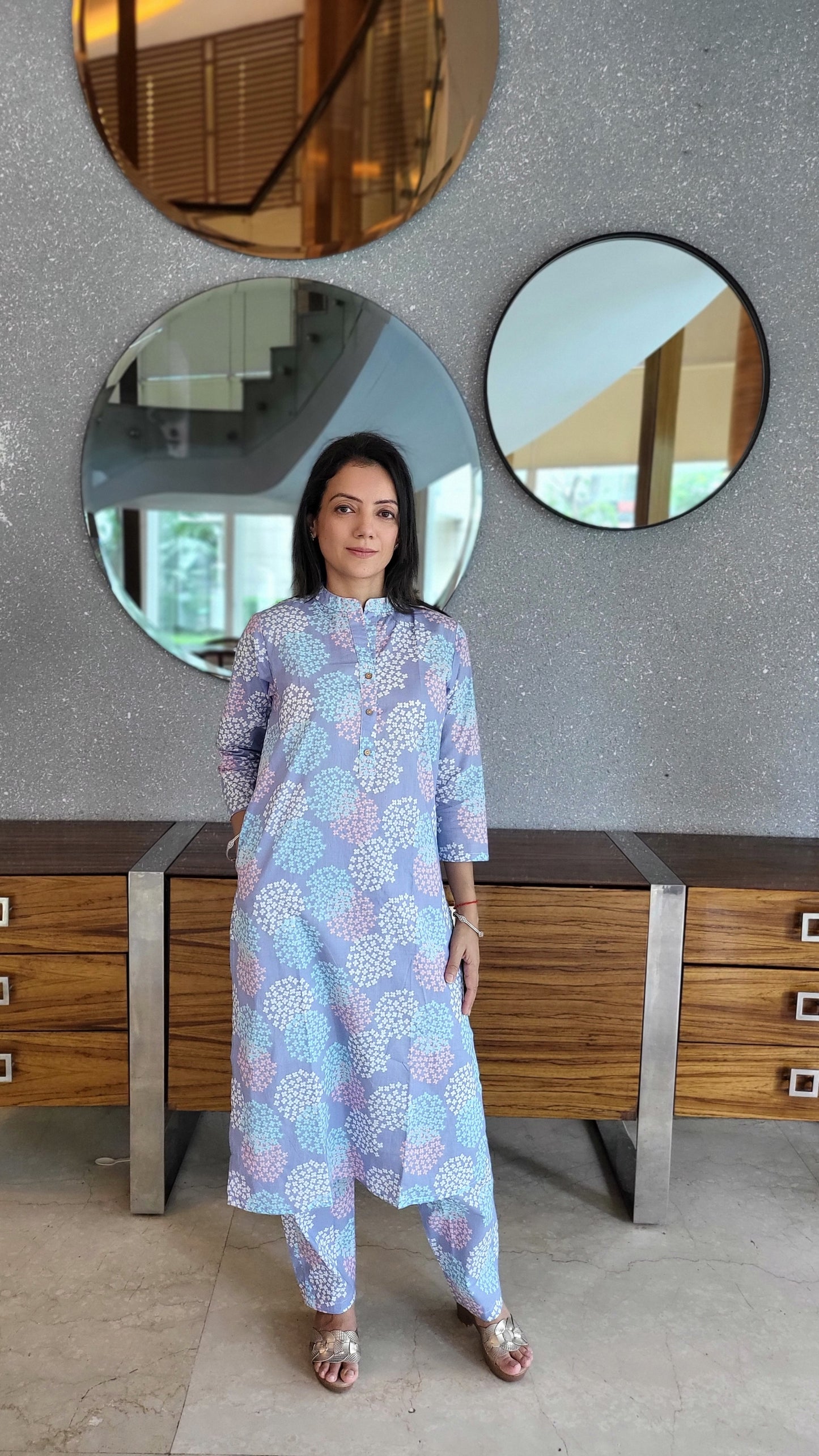 Lavender floral print Cotton Kurta with Pants