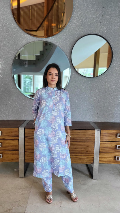 Lavender floral print Cotton Kurta with Pants