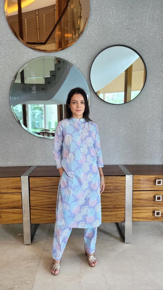Lavender floral print Cotton Kurta with Pants