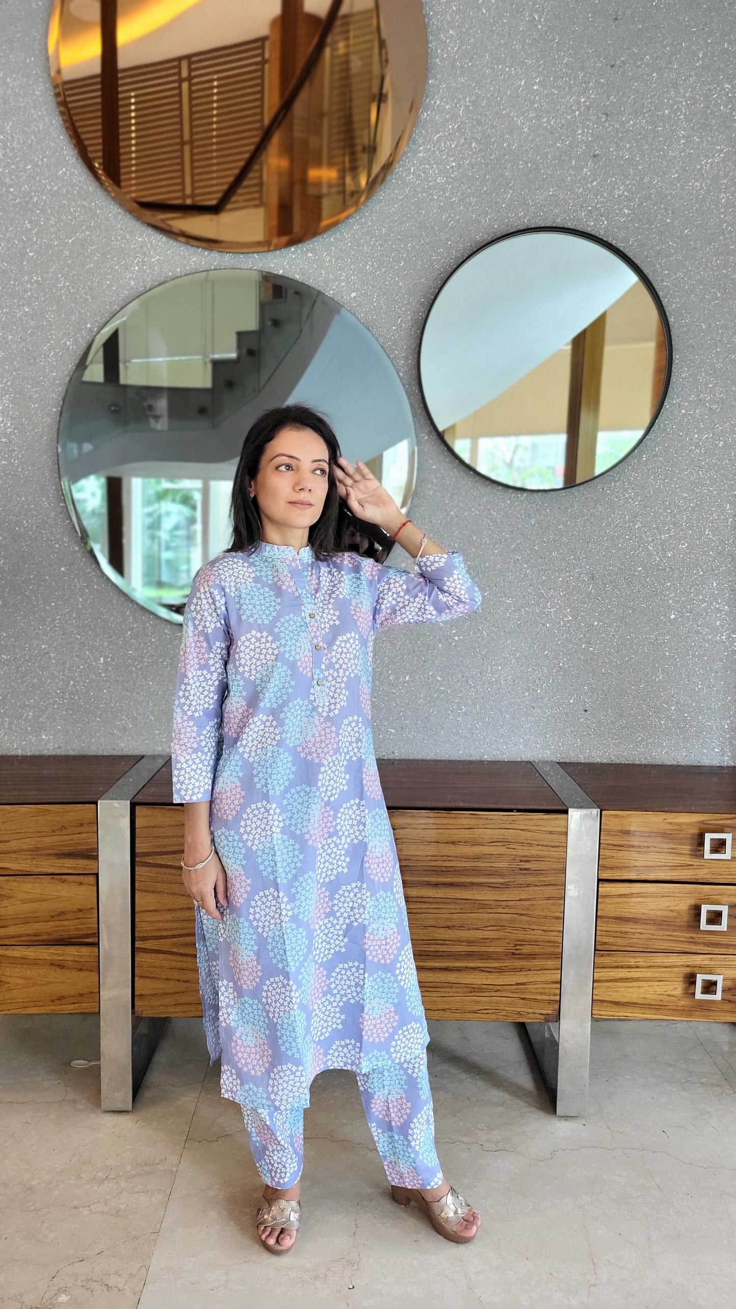 Lavender floral print Cotton Kurta with Pants