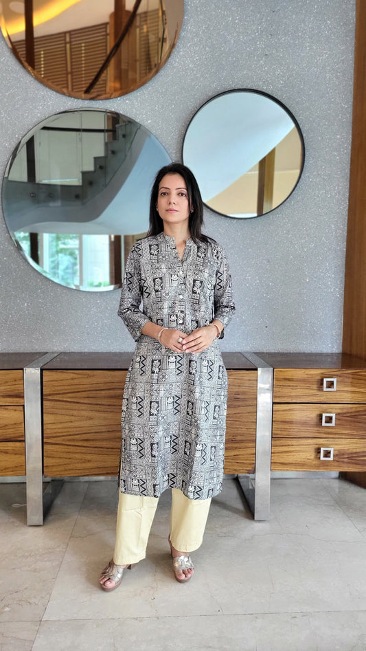 Black Bohemian Cotton Kurta with solid beige Pants