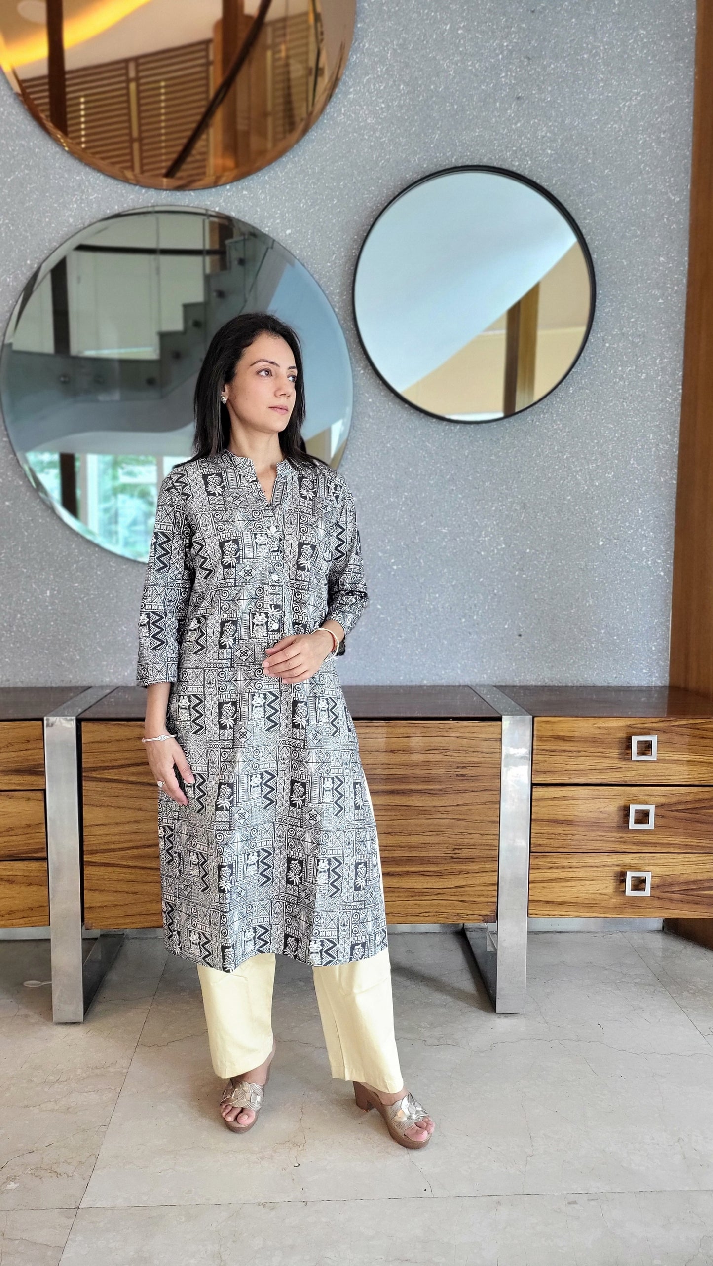 Black Bohemian Cotton Kurta with solid beige Pants