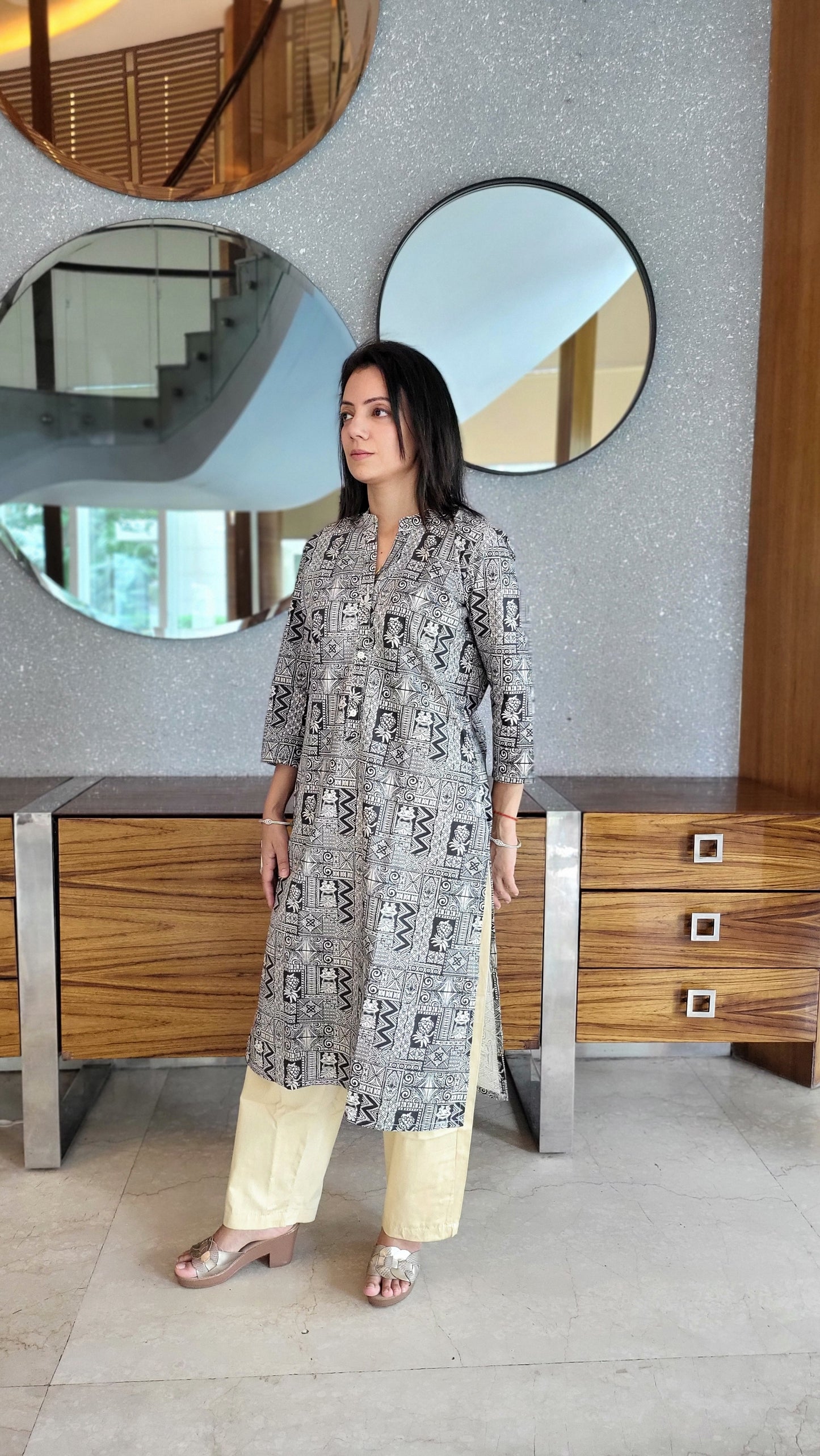 Black Bohemian Cotton Kurta with solid beige Pants