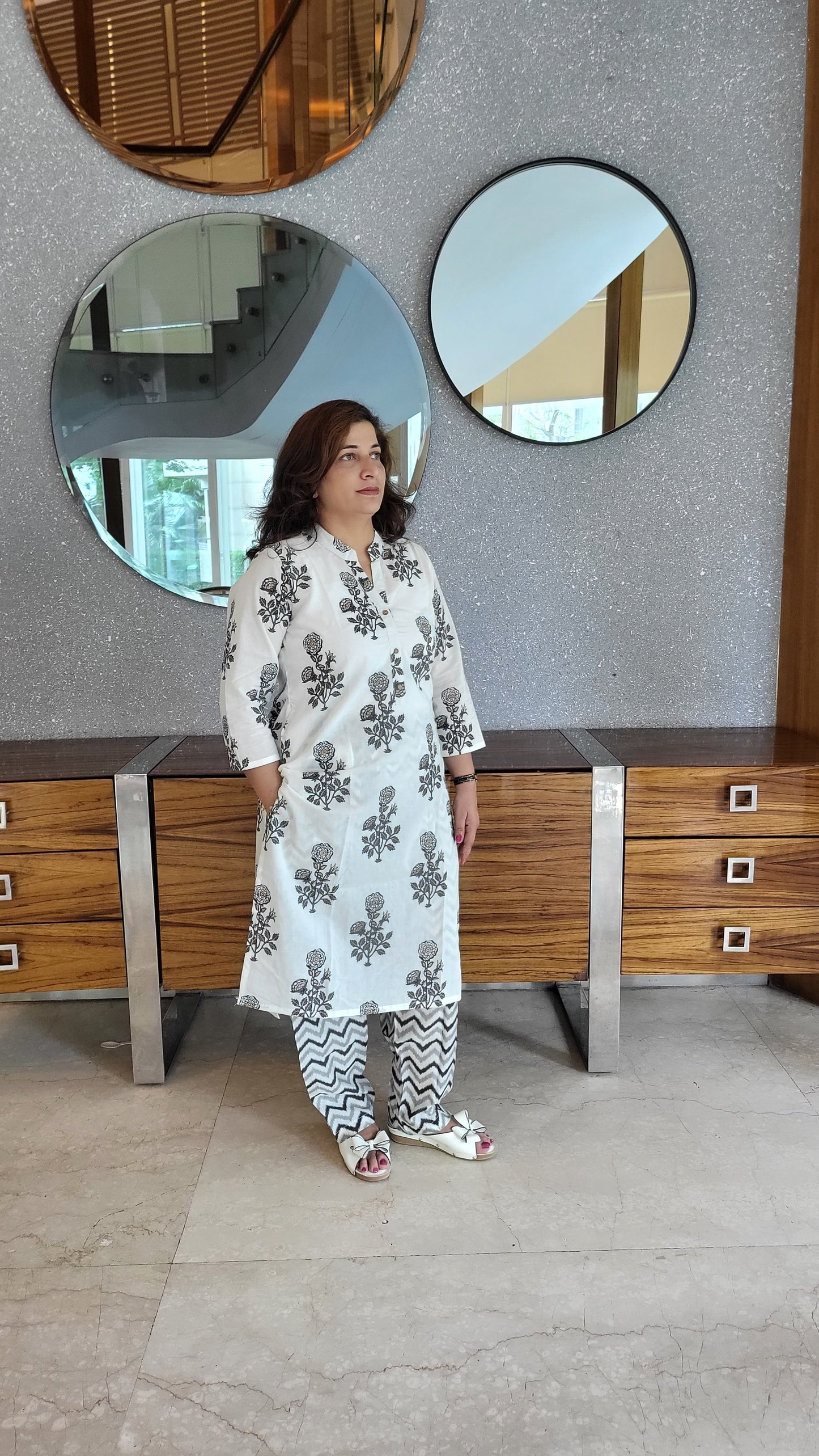 White Floral Foil print Cotton Kurta with solid Geometric print Pants