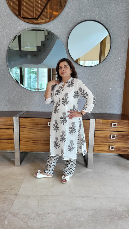 White Floral Foil print Cotton Kurta with solid Geometric print Pants