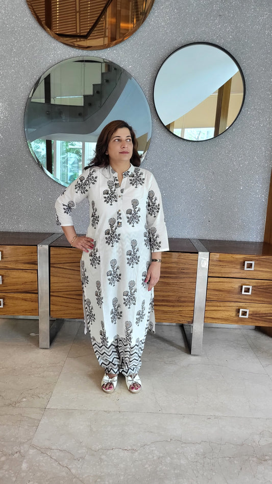 White Floral Foil print Cotton Kurta with solid Geometric print Pants