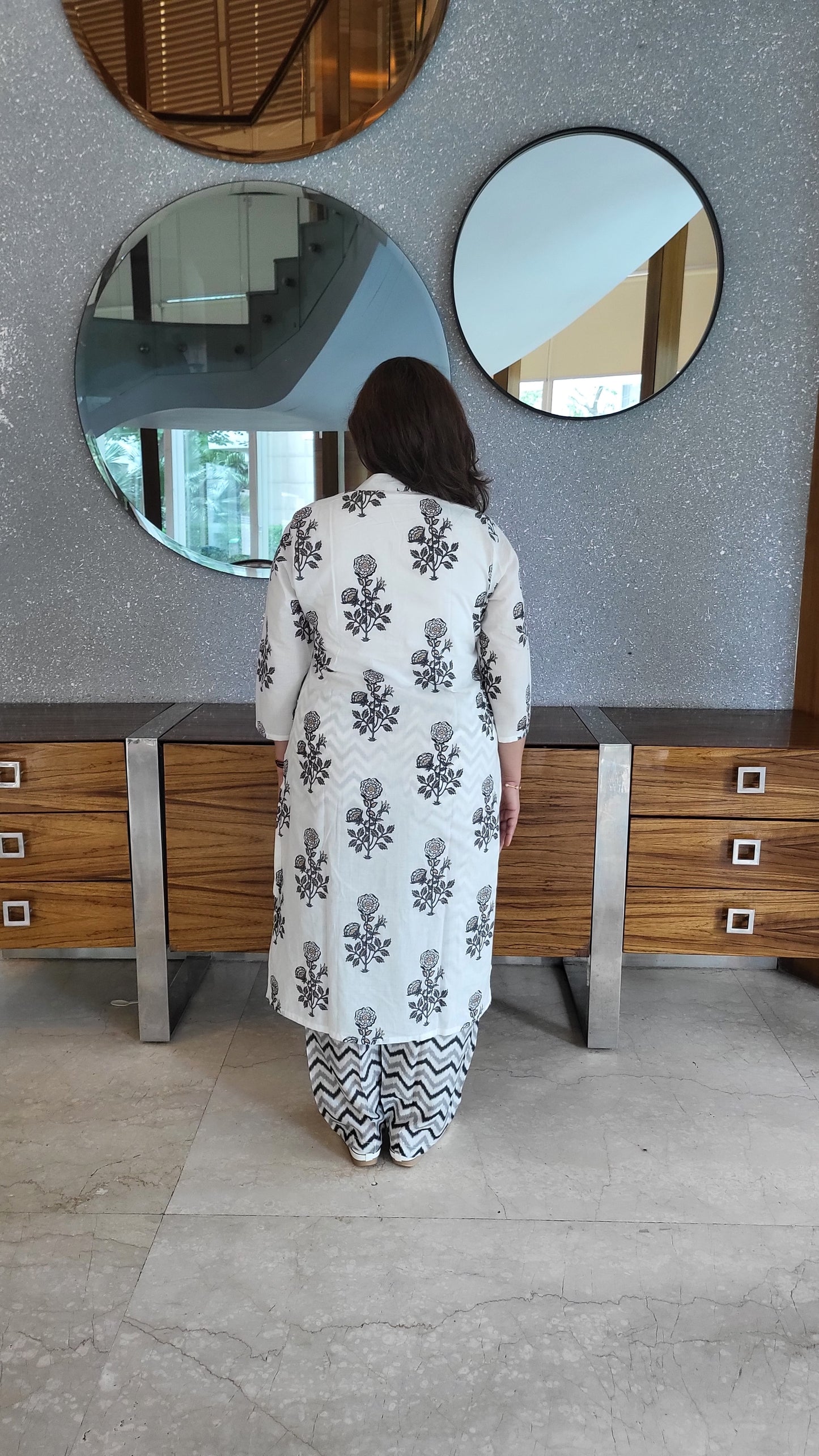 White Floral Foil print Cotton Kurta with solid Geometric print Pants