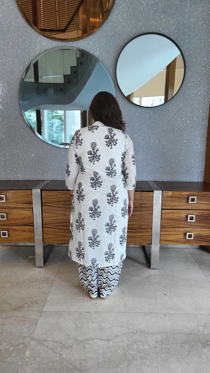 White Floral Foil print Cotton Kurta with solid Geometric print Pants