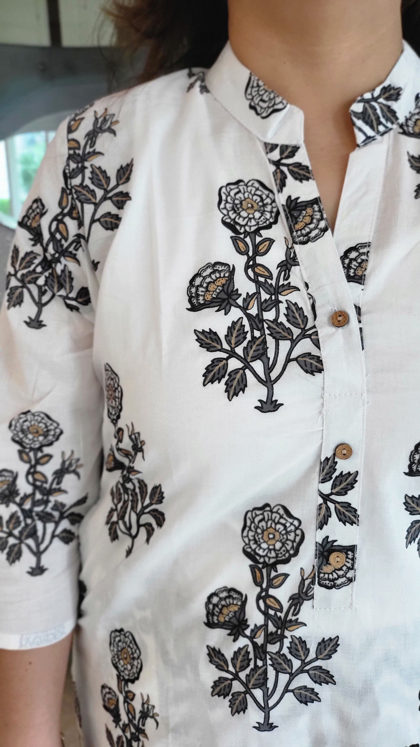 White Floral Foil print Cotton Kurta with solid Geometric print Pants