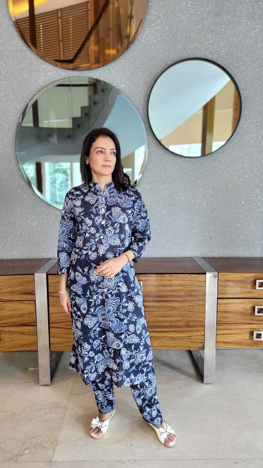 Indigo Blue and White Cotton printed Kurta